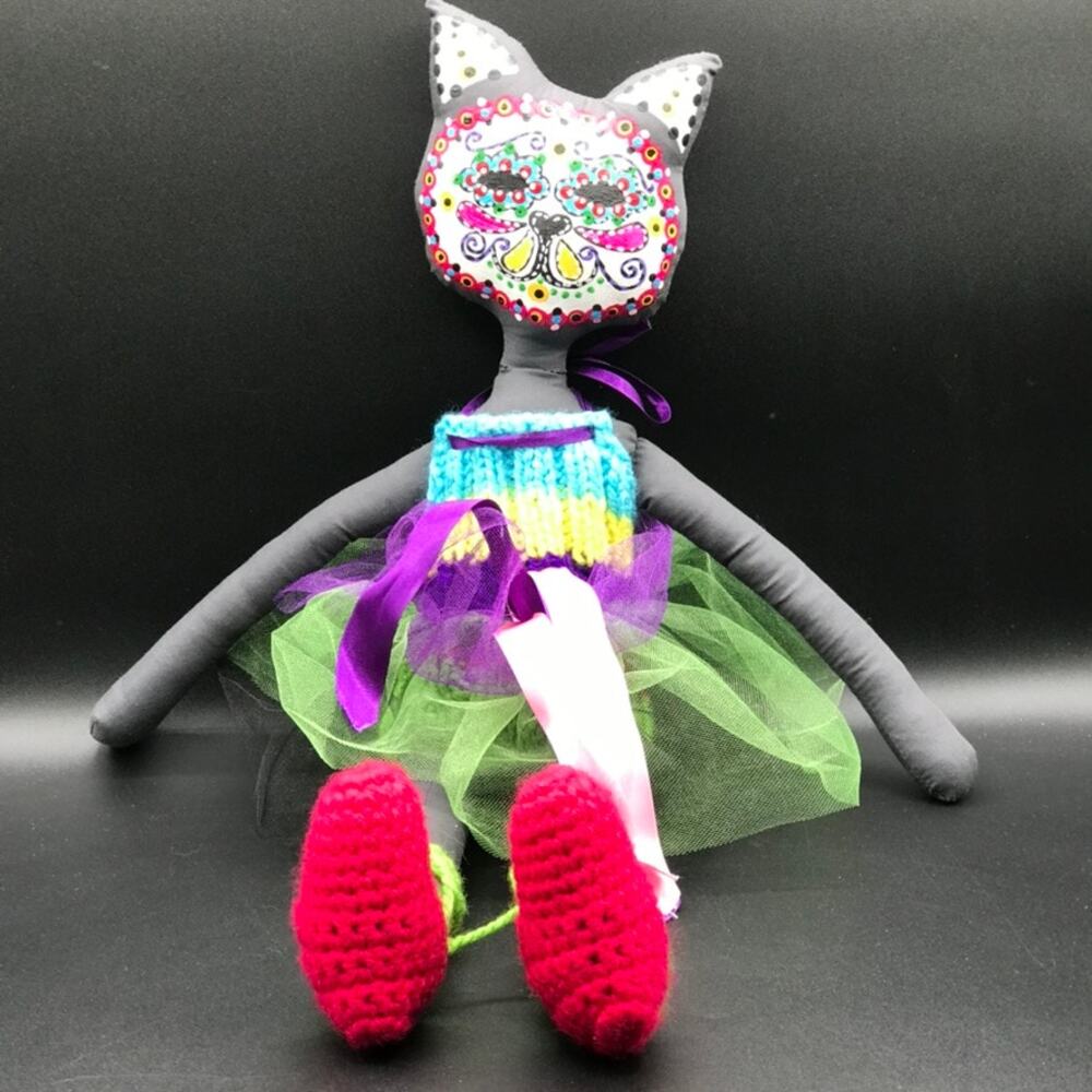 Hand Made Day of Dead Halloween Cat Ballerina Plush Crochet Clothes 22" Tall